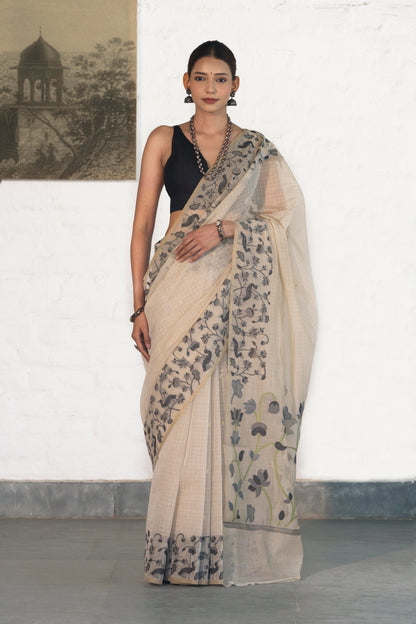 Ivory Cotton Silk Saree With Resham Weaved Floral and Bird Motifs on border and palla