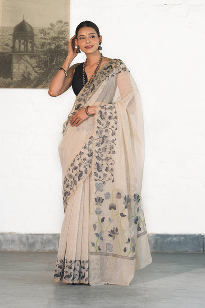 Ivory Cotton Silk Saree With Resham Weaved Floral and Bird Motifs on border and palla
