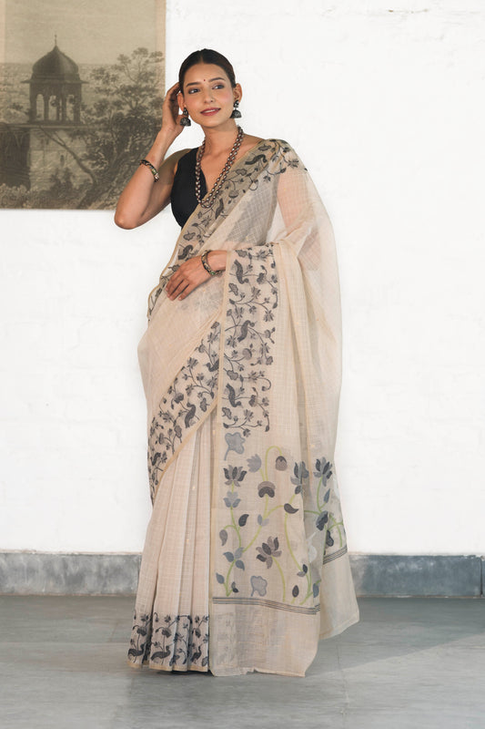 Ivory Cotton Silk Saree With Resham Weaved Floral and Bird Motifs on border and palla