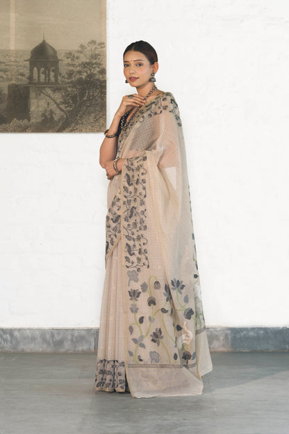 Ivory Cotton Silk Saree With Resham Weaved Floral and Bird Motifs on border and palla