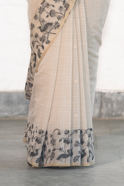 Ivory Cotton Silk Saree With Resham Weaved Floral and Bird Motifs on border and palla