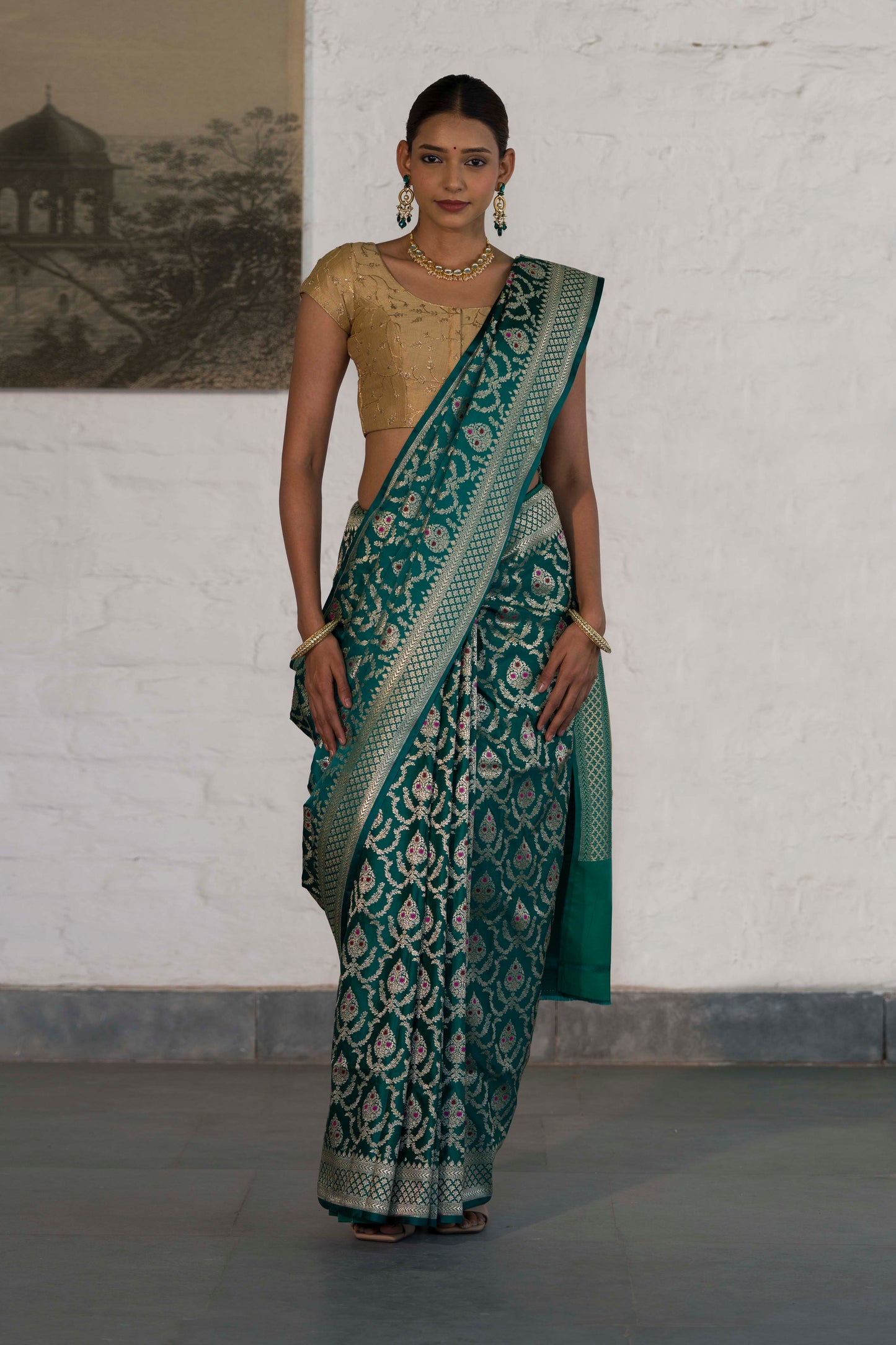 Rama Green Katan Silk Blend in Meenakari Motif and Golden Zari Jaal Pattern