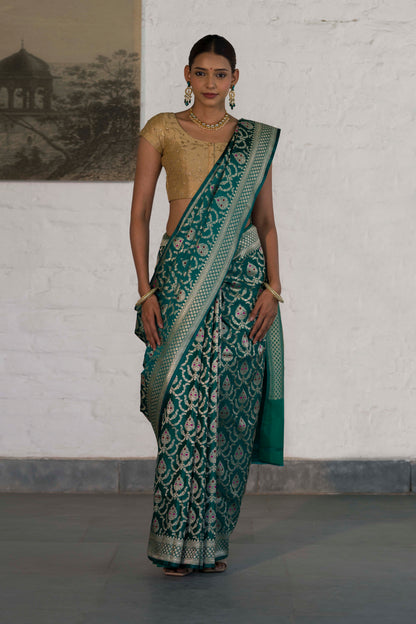 Rama Green Katan Silk Blend in Meenakari Motif and Golden Zari Jaal Pattern