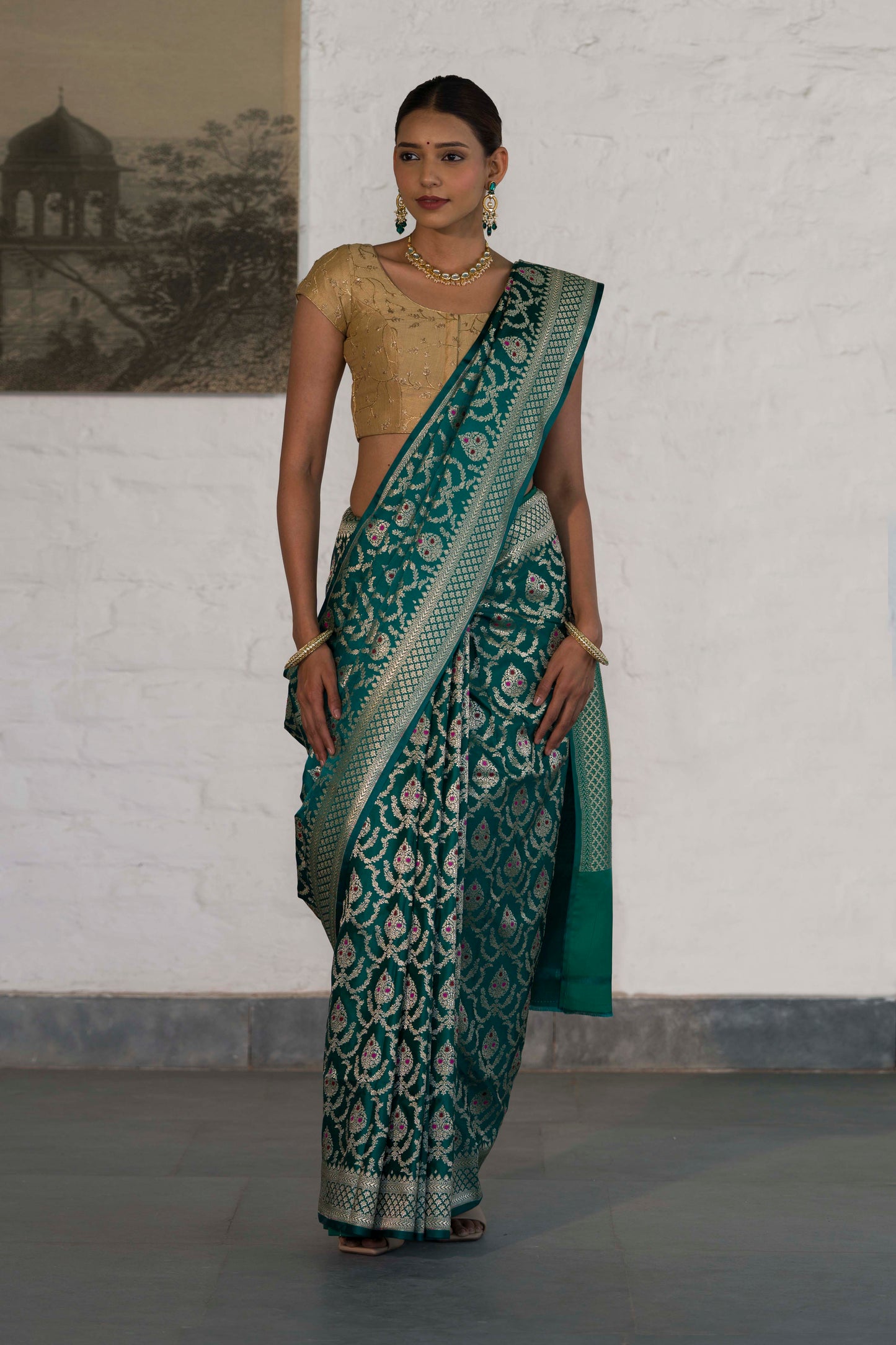 Rama Green Katan Silk Blend in Meenakari Motif and Golden Zari Jaal Pattern