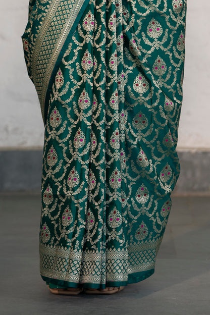 Rama Green Katan Silk Blend in Meenakari Motif and Golden Zari Jaal Pattern