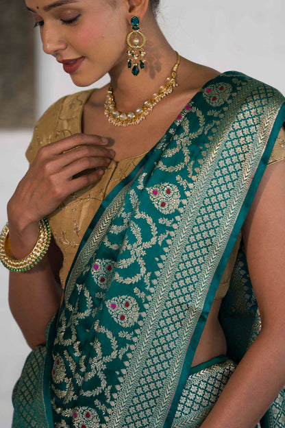 Rama Green Katan Silk Blend in Meenakari Motif and Golden Zari Jaal Pattern