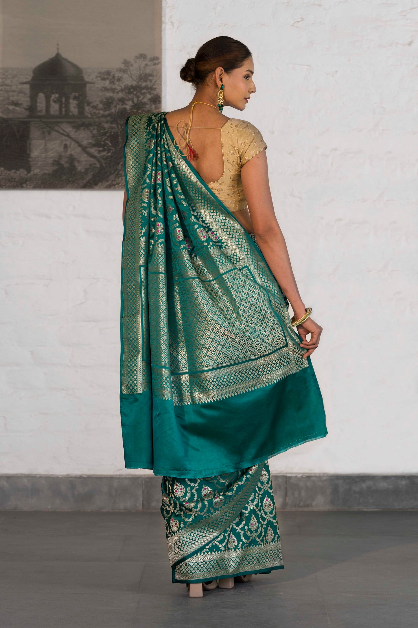Rama Green Katan Silk Blend in Meenakari Motif and Golden Zari Jaal Pattern