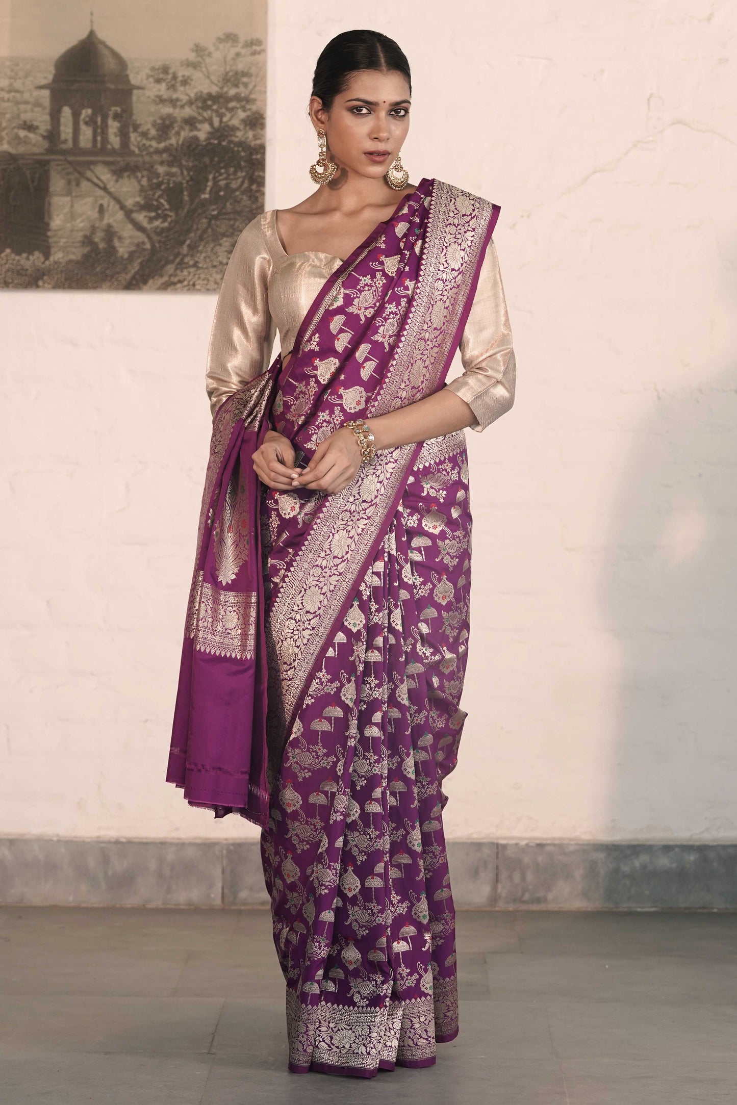 Purple Katan Silk Blend featuring baraat ghar and jaal woven with meenakari and zari work