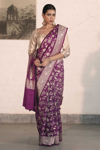 Purple Katan Silk Blend featuring baraat ghar and jaal woven with meenakari and zari work