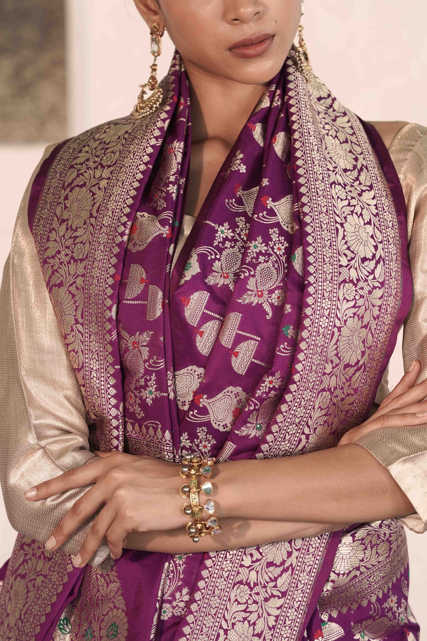 Purple Katan Silk Blend featuring baraat ghar and jaal woven with meenakari and zari work