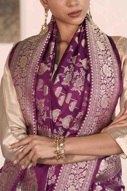 Purple Katan Silk Blend featuring baraat ghar and jaal woven with meenakari and zari work