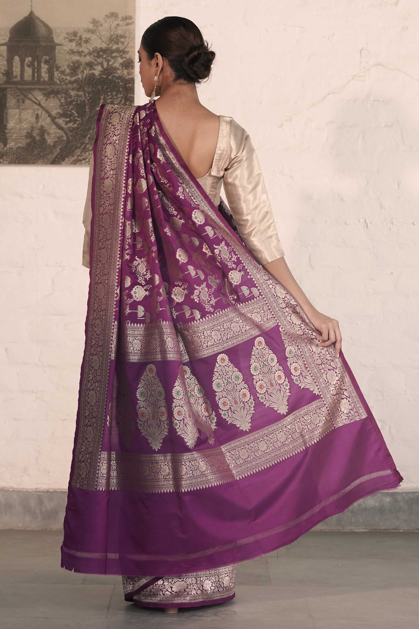 Purple Katan Silk Blend featuring baraat ghar and jaal woven with meenakari and zari work