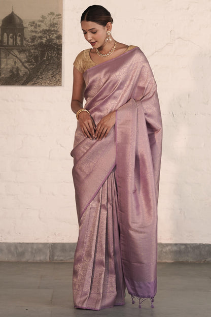 Lilac Soft Silk Saree Woven in Almond Zari within the Fabric giving smooth texture from in and out