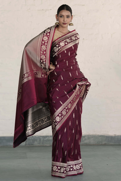 Wine Mashru Silk Saree woven in Leaf inspired butis across body paired with Floral bel border