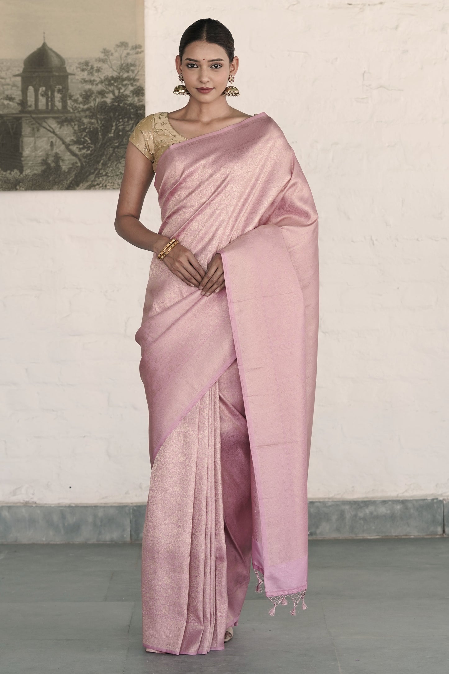 Pastel Pink Soft Silk Saree Woven in Almond Zari within the Fabric giving smooth texture from in and out
