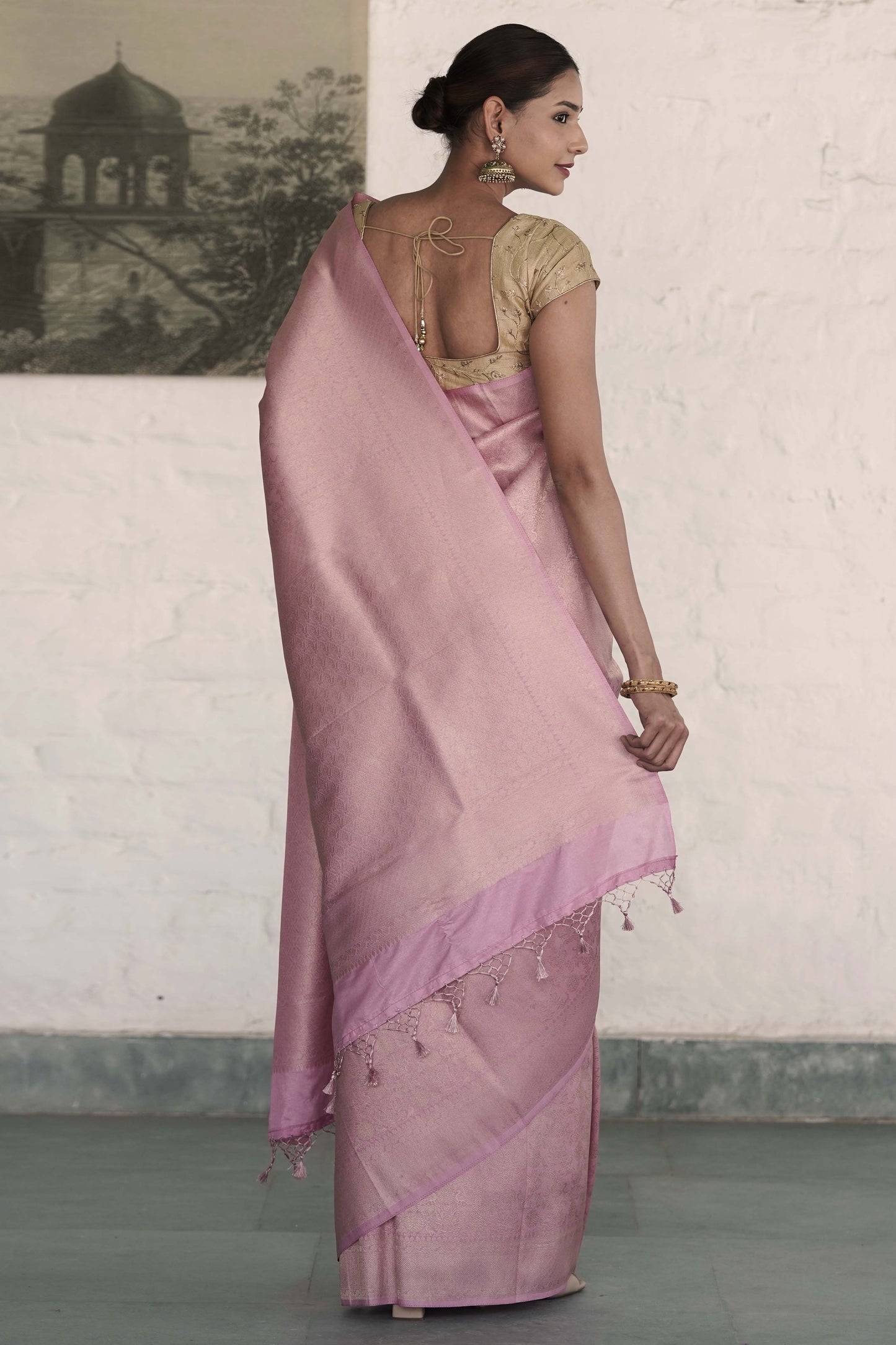 Pastel Pink Soft Silk Saree Woven in Almond Zari within the Fabric giving smooth texture from in and out