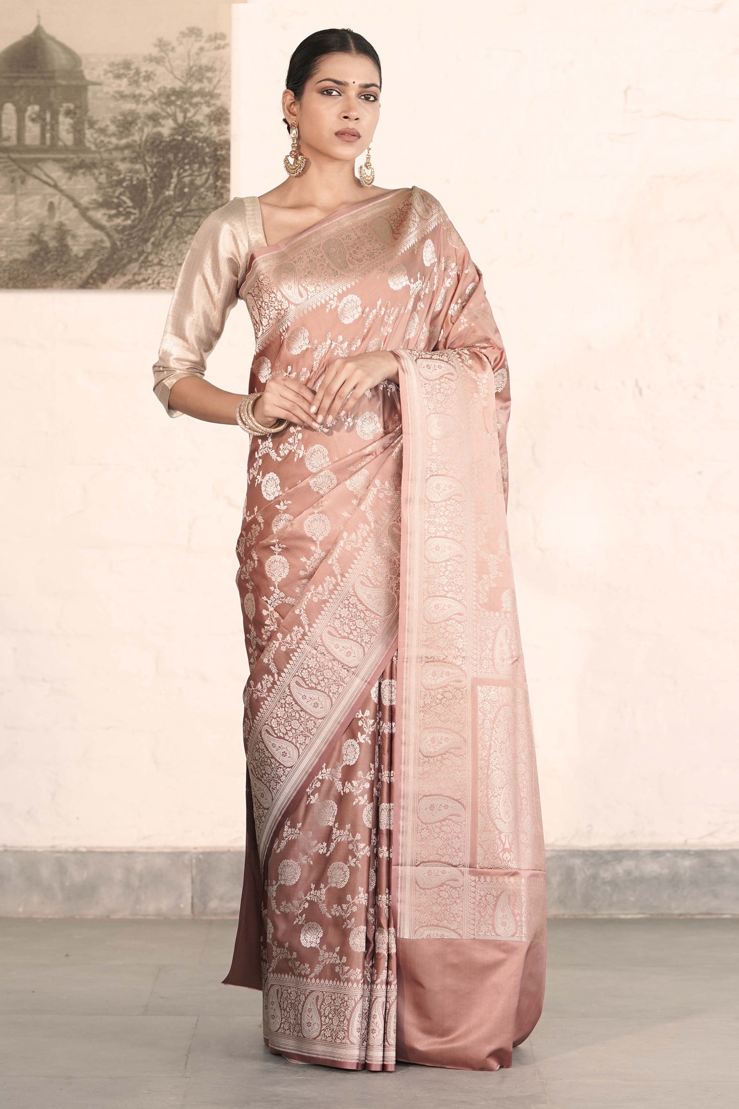 Light Brown Banarasi Mashru Silk Saree in Taditional Jaal Pattern