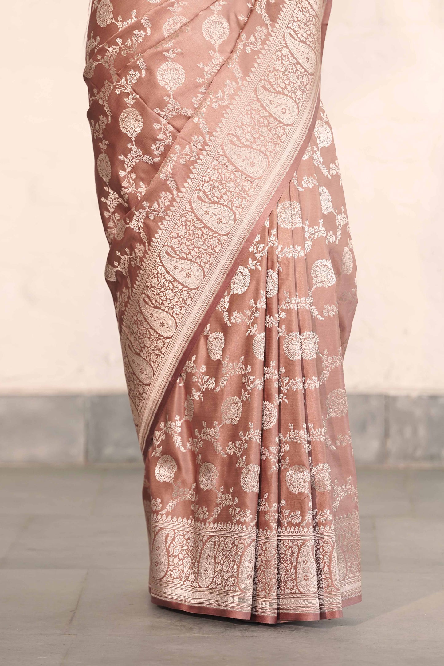 Light Brown Banarasi Mashru Silk Saree in Taditional Jaal Pattern