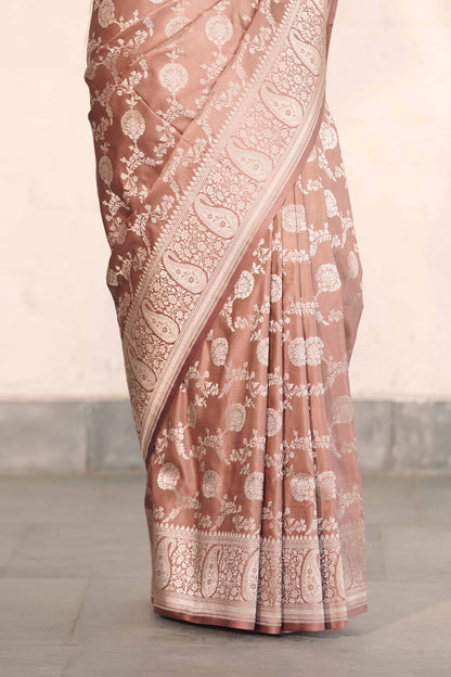 Light Brown Banarasi Mashru Silk Saree in Taditional Jaal Pattern