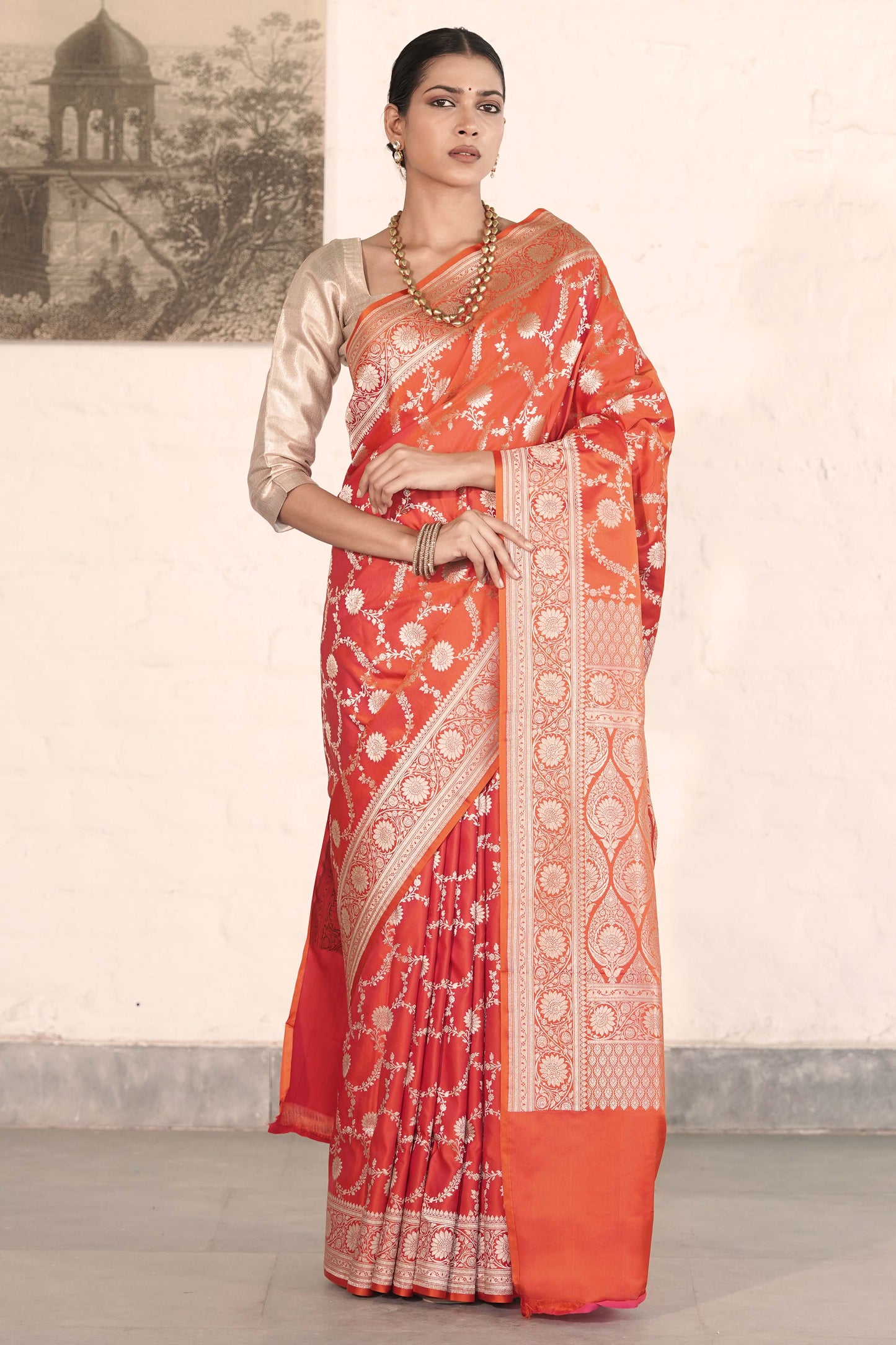 Orange Mashru Silk Saree Woven in Traditonal jangla with Rich Golden Zari Palla