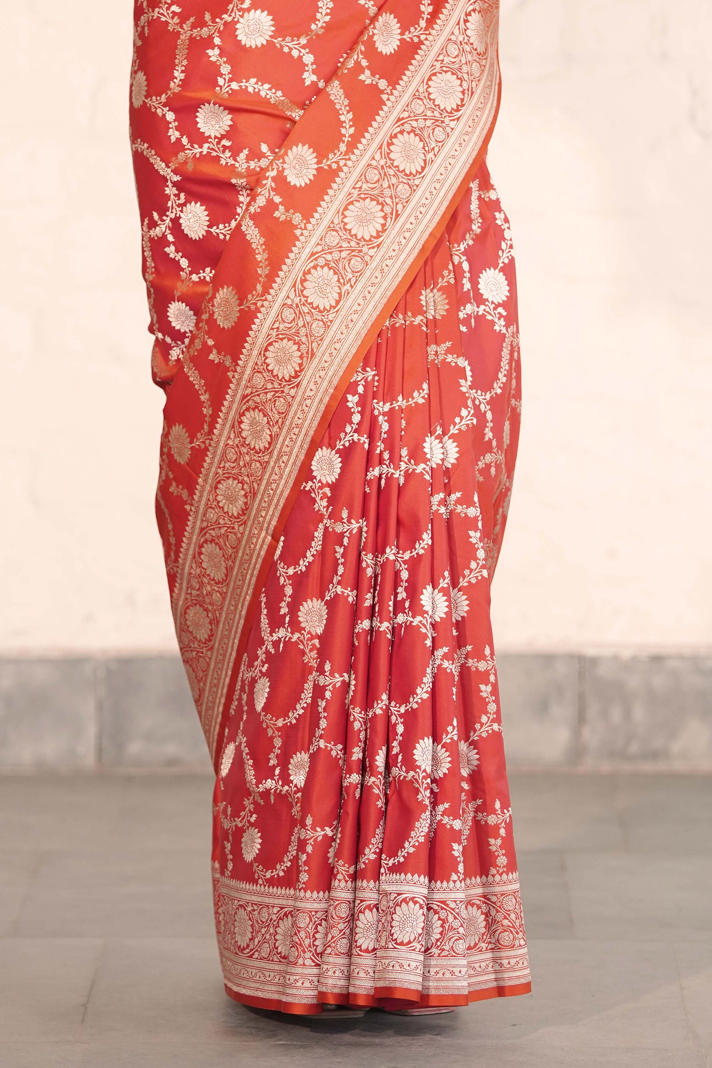 Orange Mashru Silk Saree Woven in Traditonal jangla with Rich Golden Zari Palla