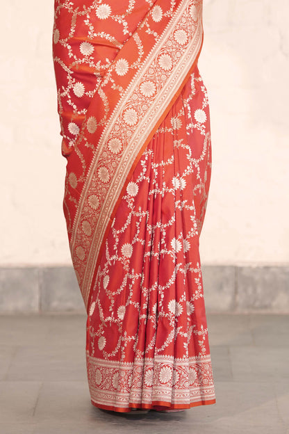 Orange Mashru Silk Saree Woven in Traditonal jangla with Rich Golden Zari Palla