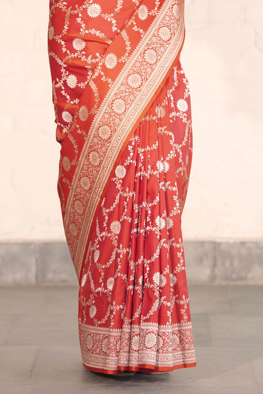 Orange Mashru Silk Saree Woven in Traditonal jangla with Rich Golden Zari Palla