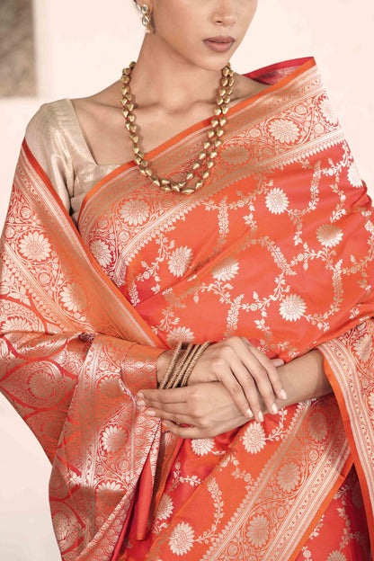 Orange Mashru Silk Saree Woven in Traditonal jangla with Rich Golden Zari Palla