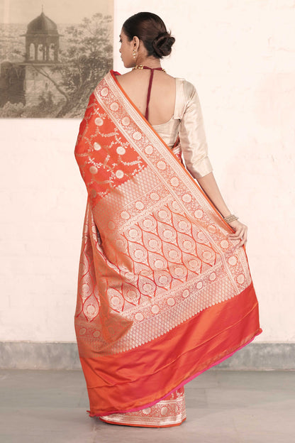 Orange Mashru Silk Saree Woven in Traditonal jangla with Rich Golden Zari Palla