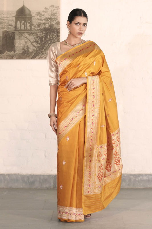 Yellow Mustard Pure Katan Silk Saree with Golden Zari and Meenakari work