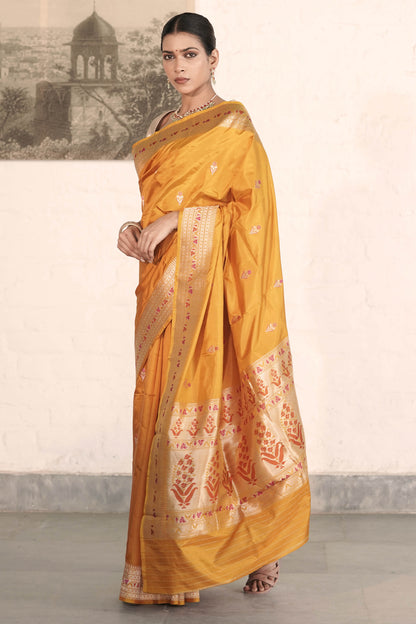 Yellow Mustard Pure Katan Silk Saree with Golden Zari and Meenakari work