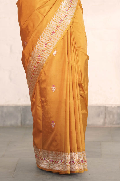 Yellow Mustard Pure Katan Silk Saree with Golden Zari and Meenakari work