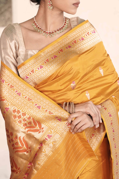 Yellow Mustard Pure Katan Silk Saree with Golden Zari and Meenakari work