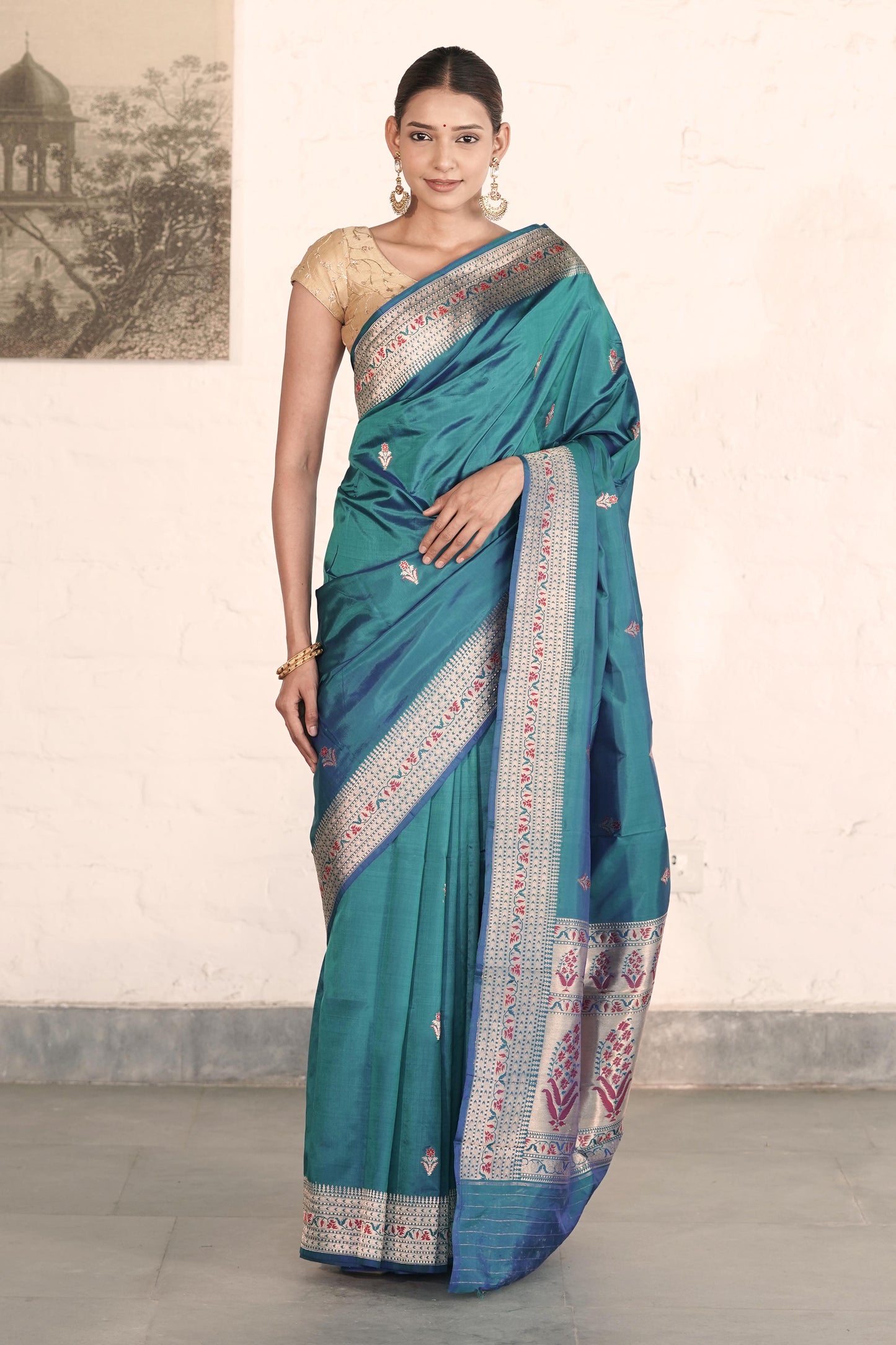 Peackock Blue Pure katan Silk Saree with Golden Zari and Meenakari Work