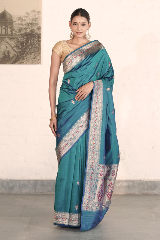 Peackock Blue Pure katan Silk Saree with Golden Zari and Meenakari Work
