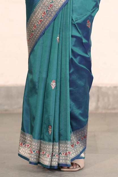 Peackock Blue Pure katan Silk Saree with Golden Zari and Meenakari Work