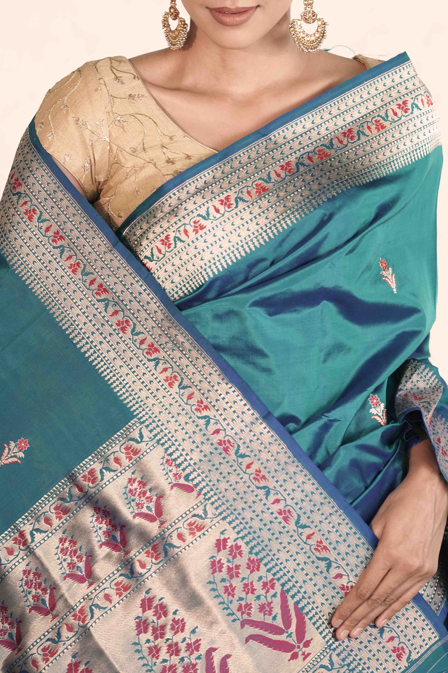 Peackock Blue Pure katan Silk Saree with Golden Zari and Meenakari Work