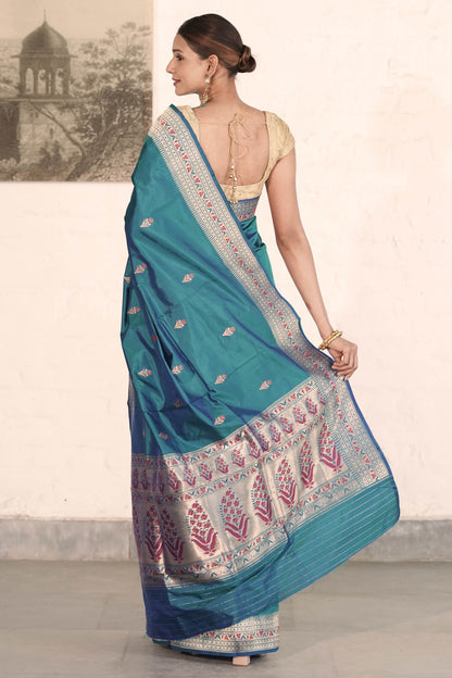 Peackock Blue Pure katan Silk Saree with Golden Zari and Meenakari Work