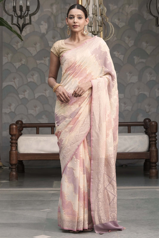 Off White Pure Khaddi Georgette Silk Saree with Contrast Rangkaat design