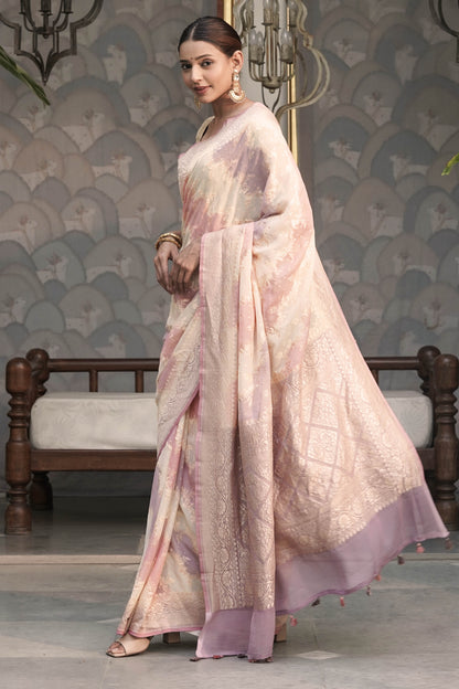 Off White Pure Khaddi Georgette Silk Saree with Contrast Rangkaat design