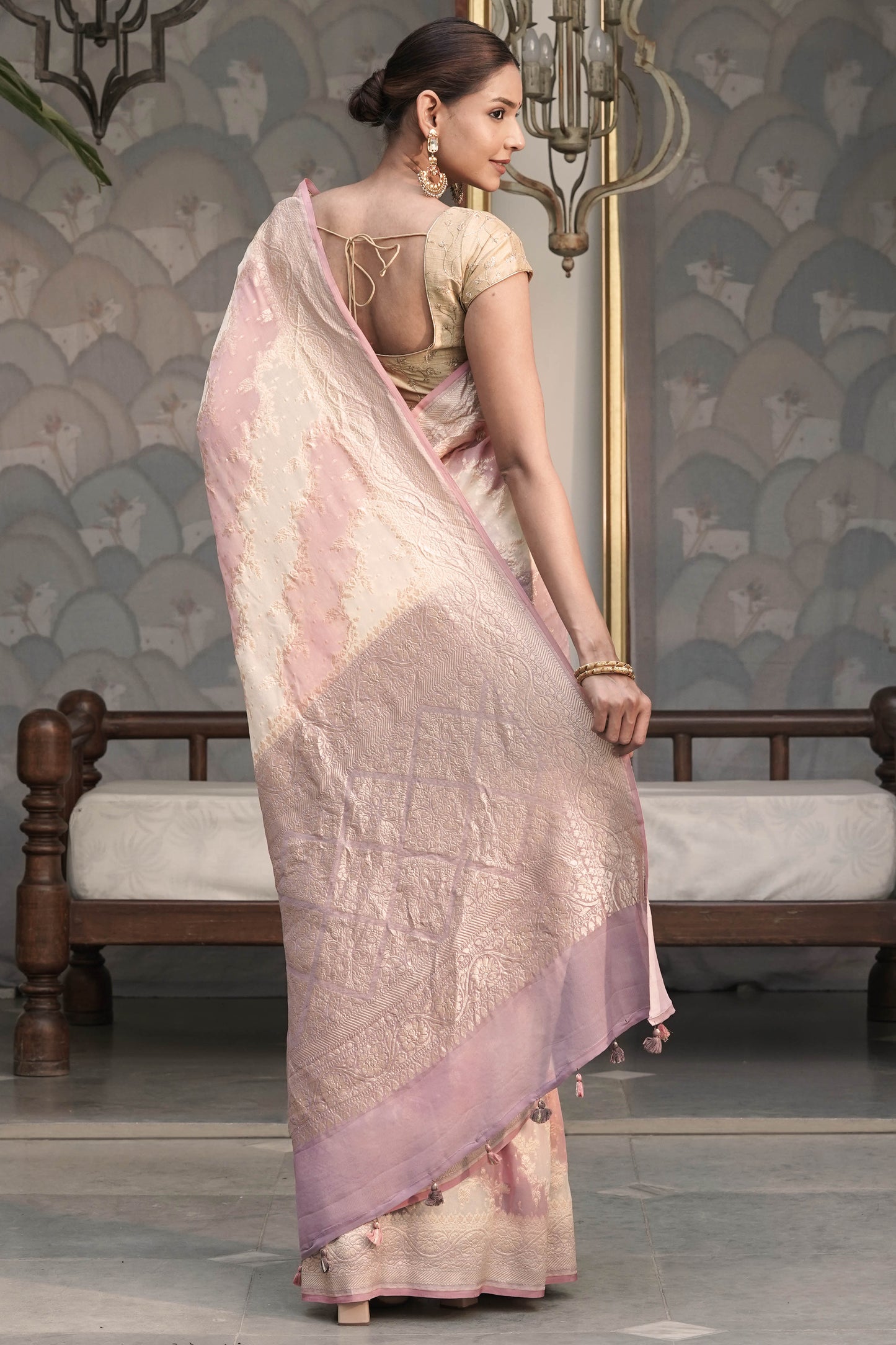 Off White Pure Khaddi Georgette Silk Saree with Contrast Rangkaat design