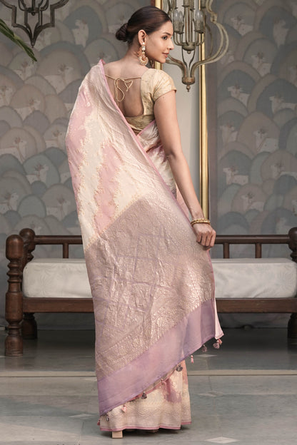 Off White Pure Khaddi Georgette Silk Saree with Contrast Rangkaat design