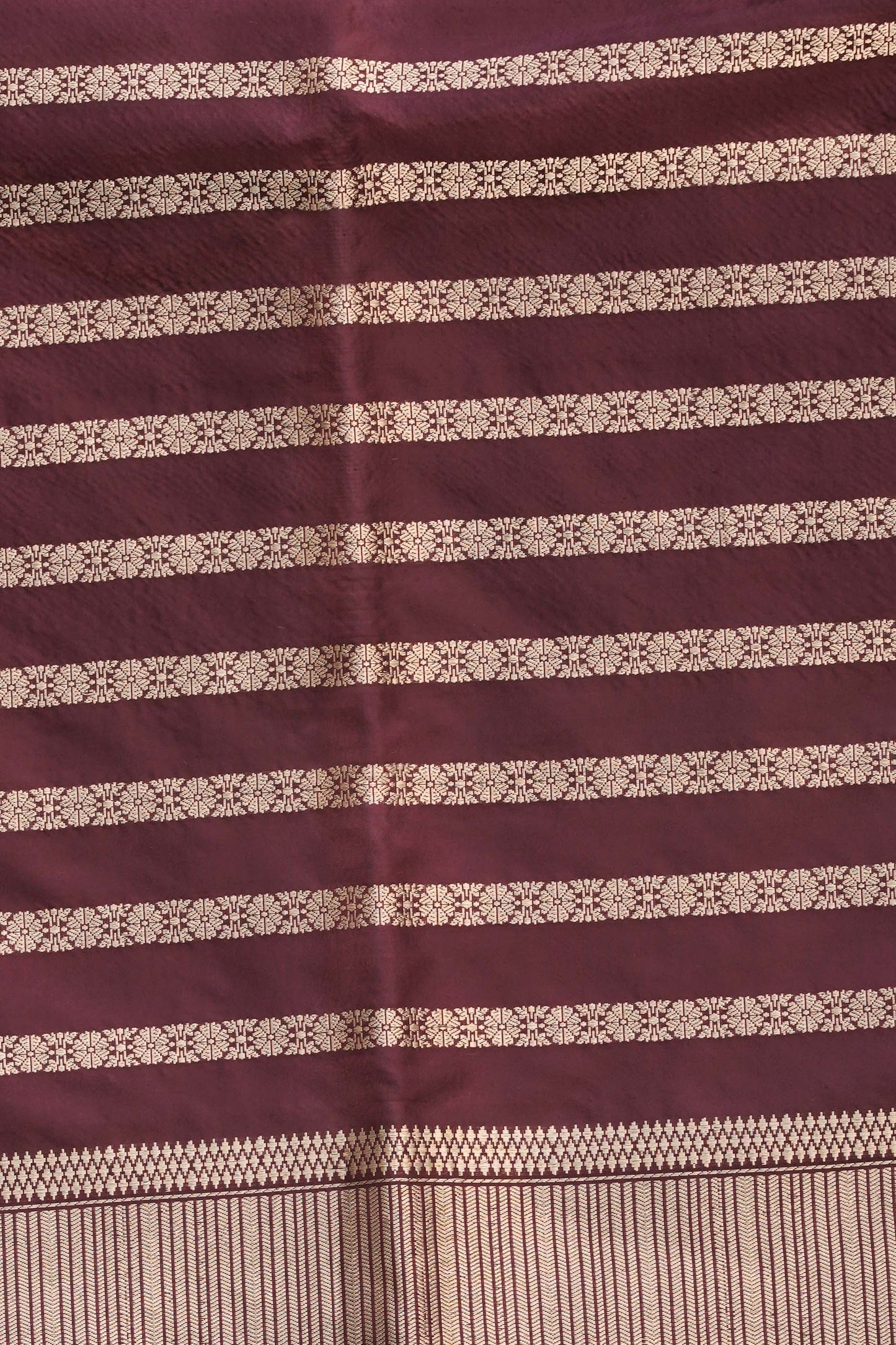 Brown Pure Banarasi Katan Silk Saree with Leaf Swaying motif and vertically  stripe designed Marvelous Border Palla