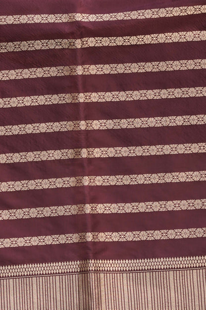 Brown Pure Banarasi Katan Silk Saree with Leaf Swaying motif and vertically  stripe designed Marvelous Border Palla