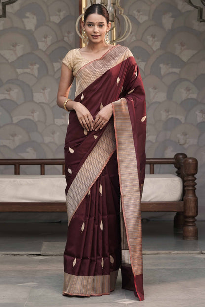 Brown Pure Banarasi Katan Silk Saree with Leaf Swaying motif and vertically  stripe designed Marvelous Border Palla