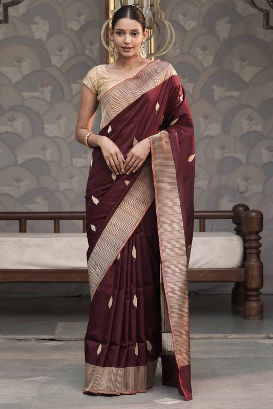 Brown Pure Banarasi Katan Silk Saree with Leaf Swaying motif and vertically  stripe designed Marvelous Border Palla