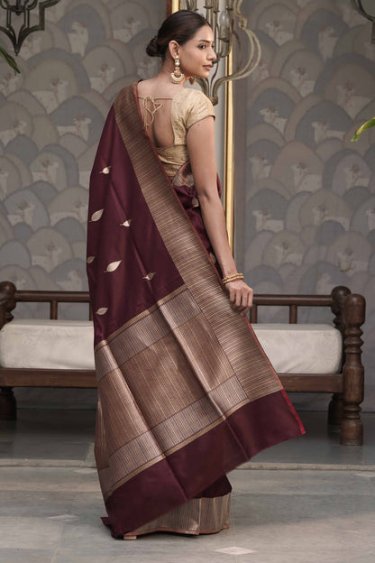 Brown Pure Banarasi Katan Silk Saree with Leaf Swaying motif and vertically  stripe designed Marvelous Border Palla