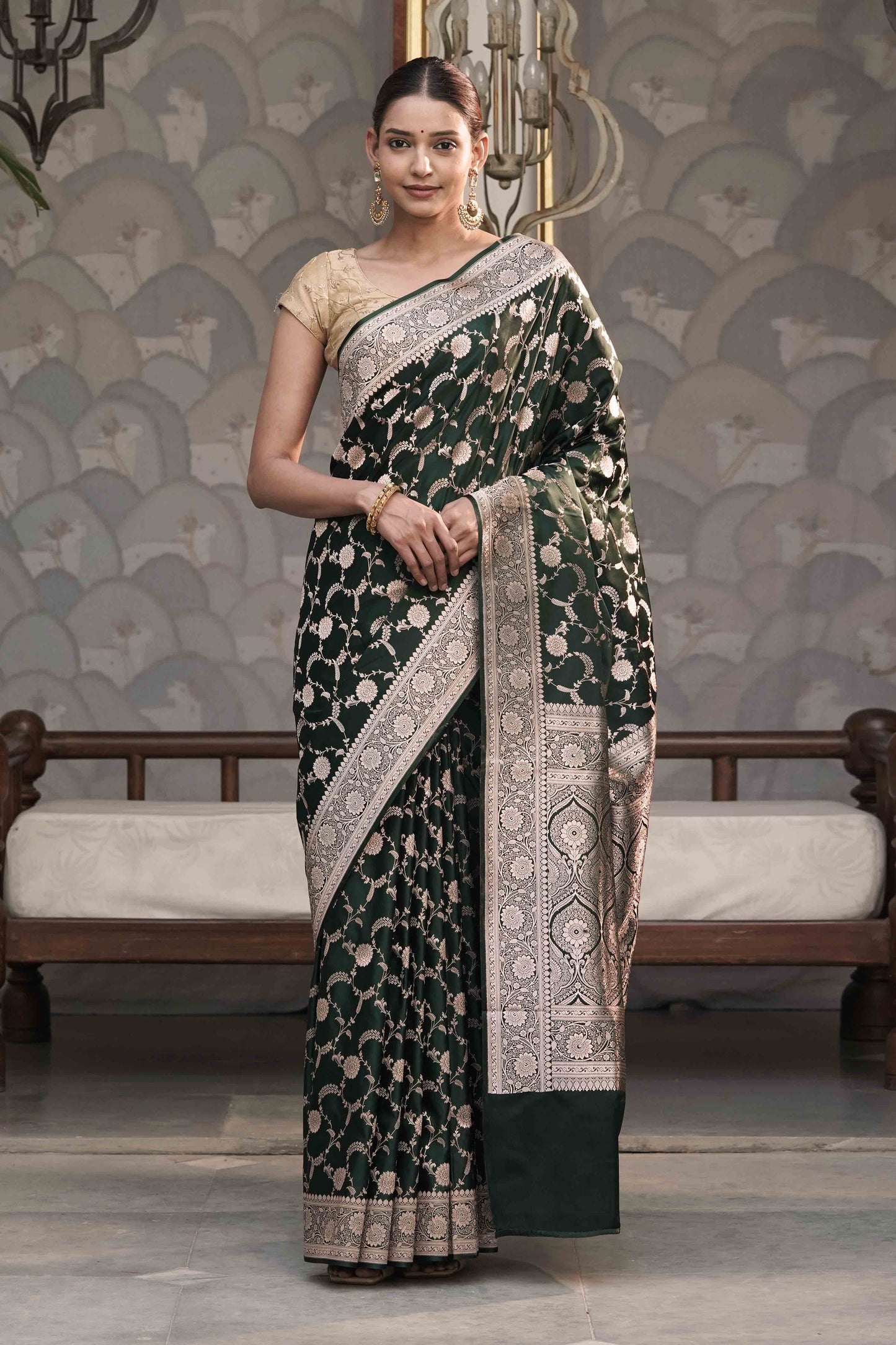 Bottle Green Mashru Silk Saree in Banarasi Jaal Weaving