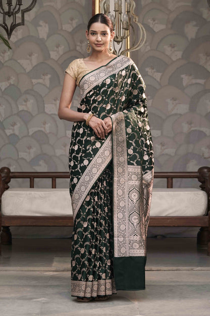 Bottle Green Mashru Silk Saree in Banarasi Jaal Weaving