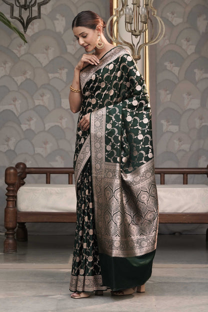 Bottle Green Mashru Silk Saree in Banarasi Jaal Weaving